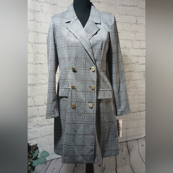 Nanette Lepore Jackets & Blazers - LS MensGlenPlaid Woven Gold ButtonClosure TrenchCoat Black White Nanette Lepore